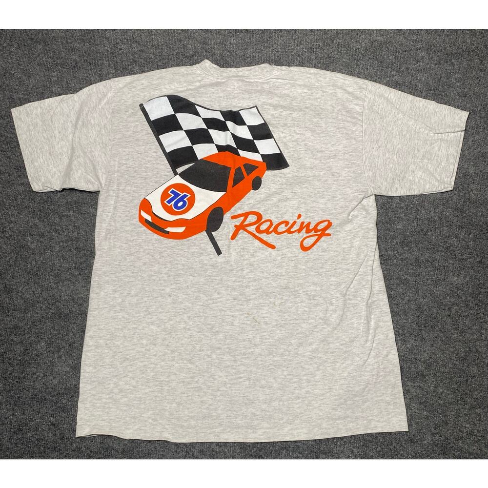 Vintage 90’s 76 Racing Checkered Flag NASCAR Light Heather Gray T Shirt -Xl